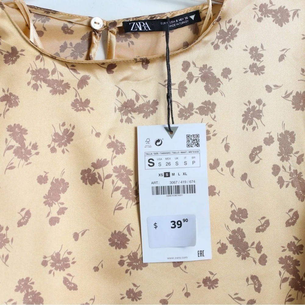 NWT Zara crop floral print top satin blouse 3067419674 peach pastel blouse fairy - Picture 3 of 8